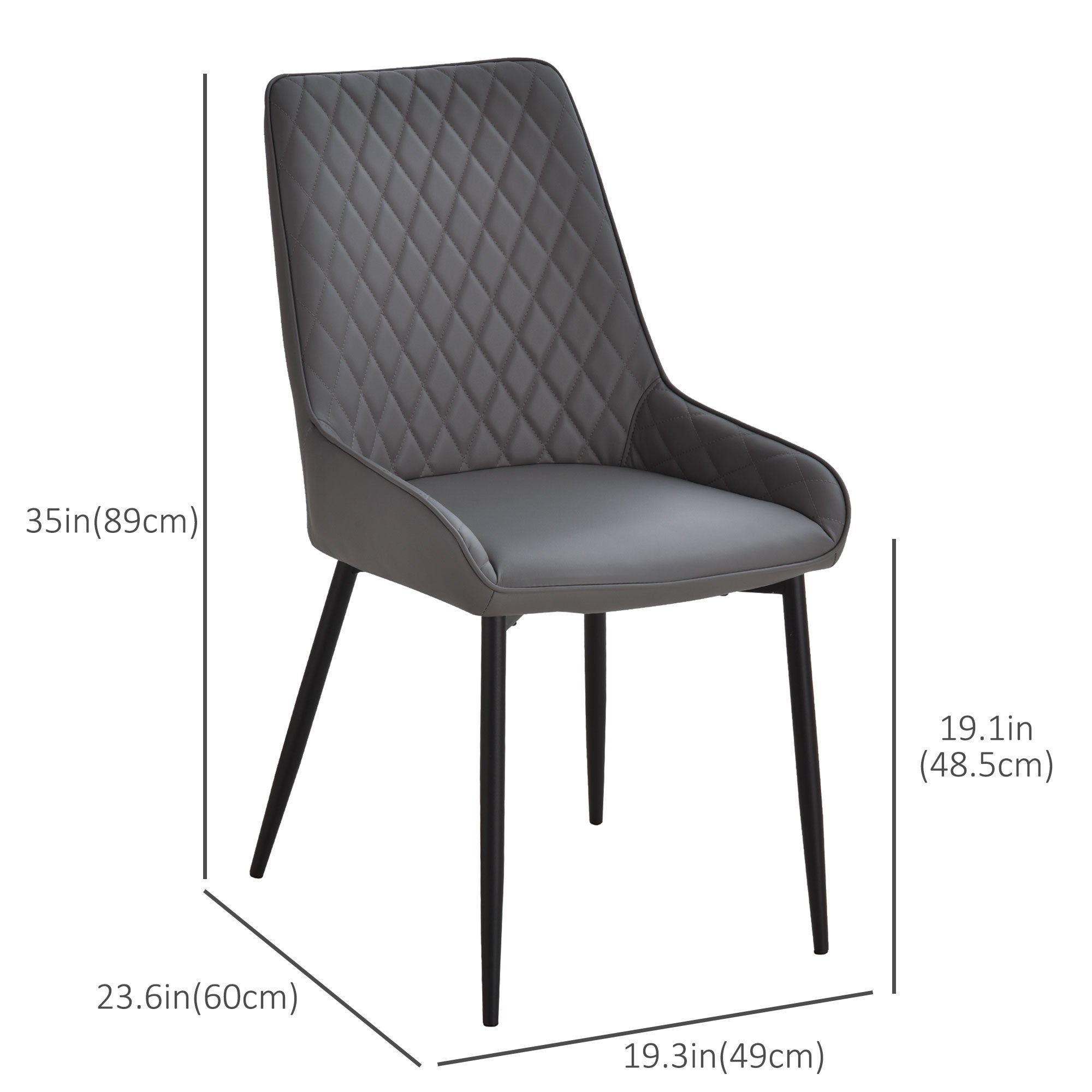 HOMCOM Mid-Century Dining Chair Pair: Grey PU Leather Padded Seats, Metal Legs, Modern for Kitchen Home Office 