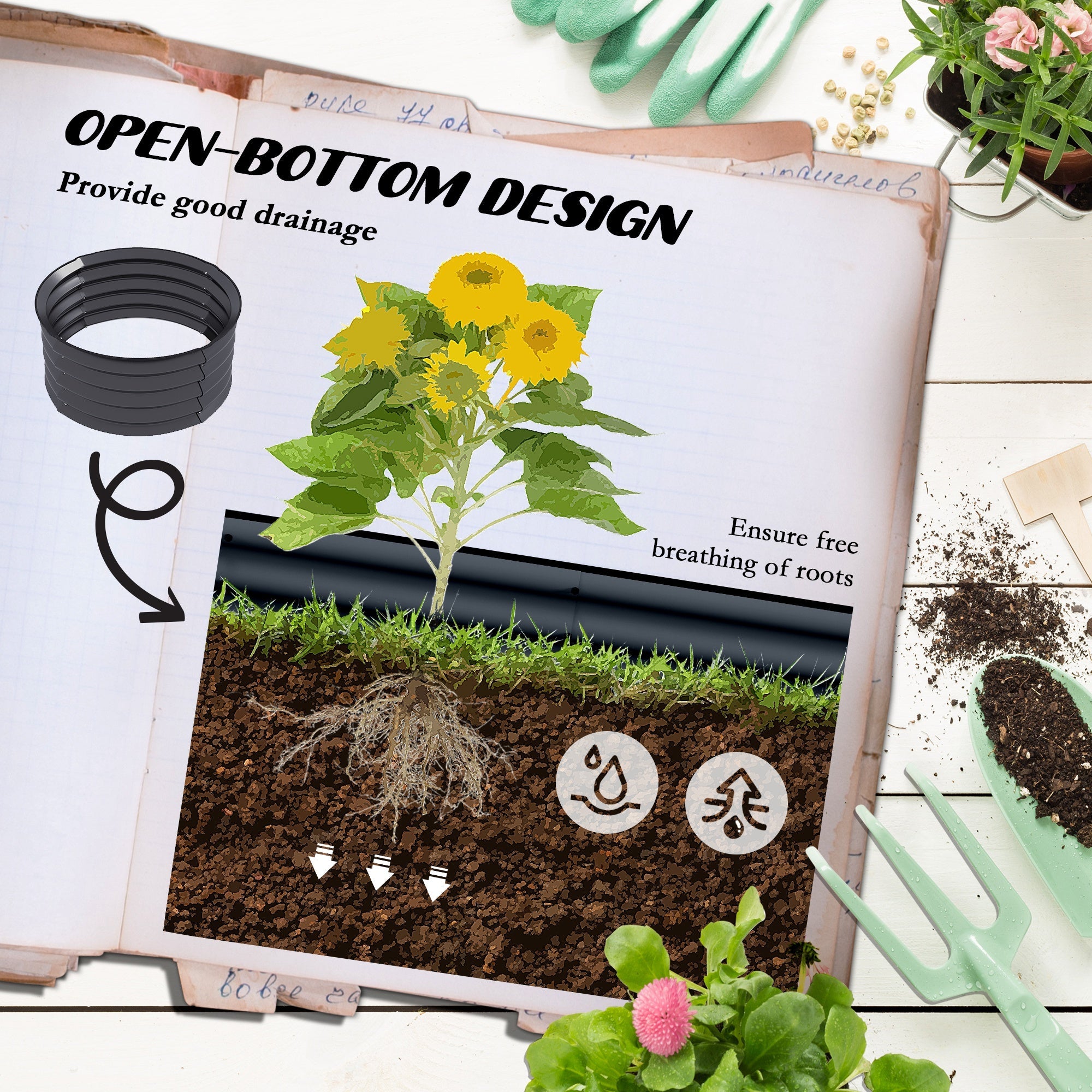Outsunny Set of 2 Raised Garden Bed, Metal Planter Box with Safety Edging, Easy-to-assemble Stock Tank, Dark Grey 