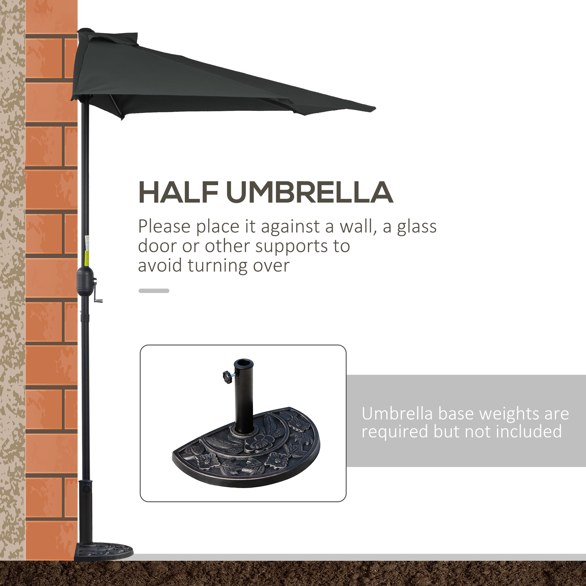 Outsunny Patio Umbrella: 9ft Half Round Balcony Garden Parasol Sun Shade Black 
