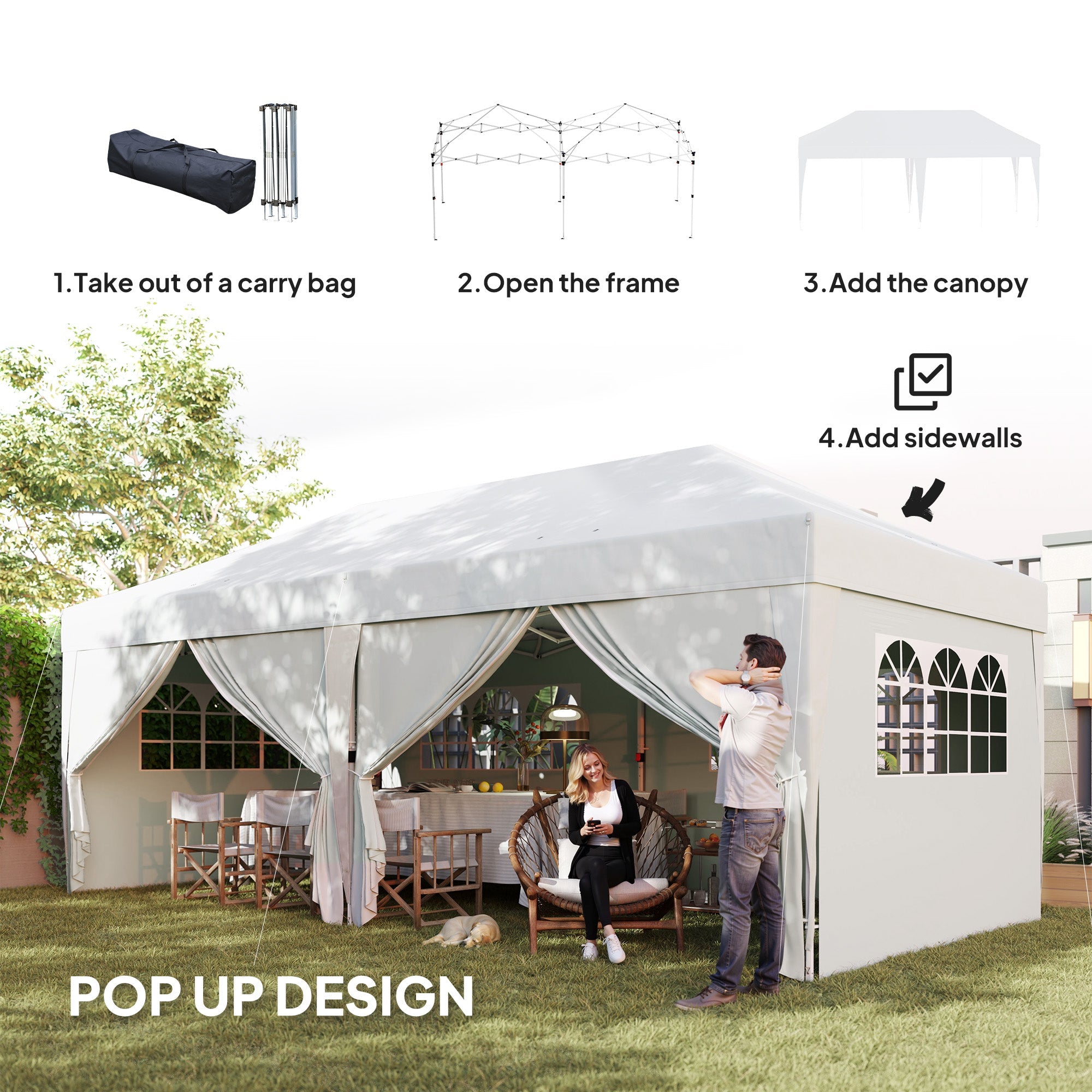 Outsunny 10' x 20' Pop Up Canopy Tent Outdoor Portable Easy Up Party Tent Garden Shade Shelter with Walls Carrying Bag, White 