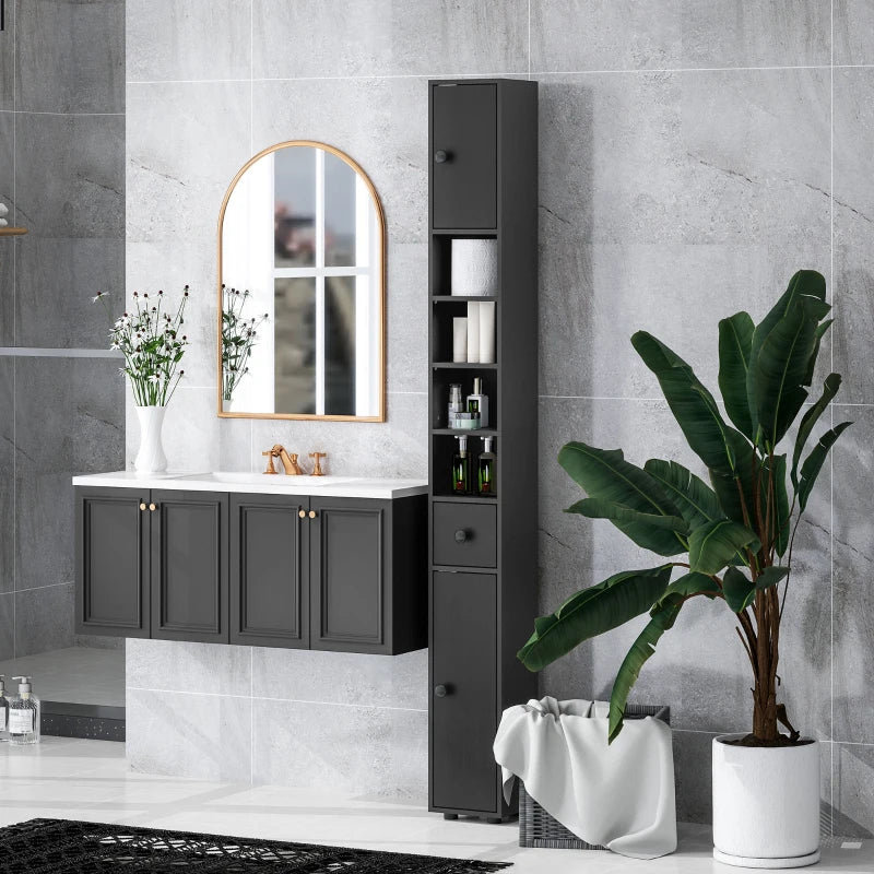 71" Tall Bathroom Cabinet, Narrow Toilet Paper Cabinet with Open Shelves, 2 Door Cabinets, Adjustable Shelves, Black