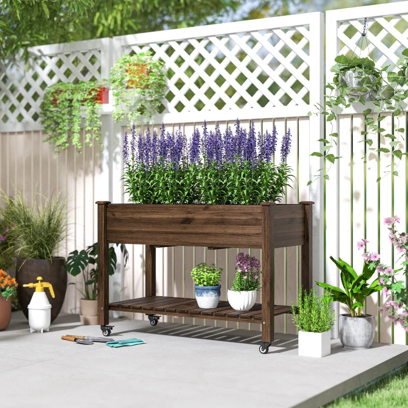 Mobile Raised Garden Bed Elevated Wood Planter Box with Lockable Wheels, Storage Shelf for Herbs Vegetables, Carbonized