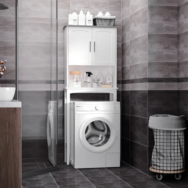 Modern Over The Toilet Storage Cabinet, Double Door Over Toilet Bathroom Organizer with Adjustable Shelf and Open Shelf, Space Saver, White