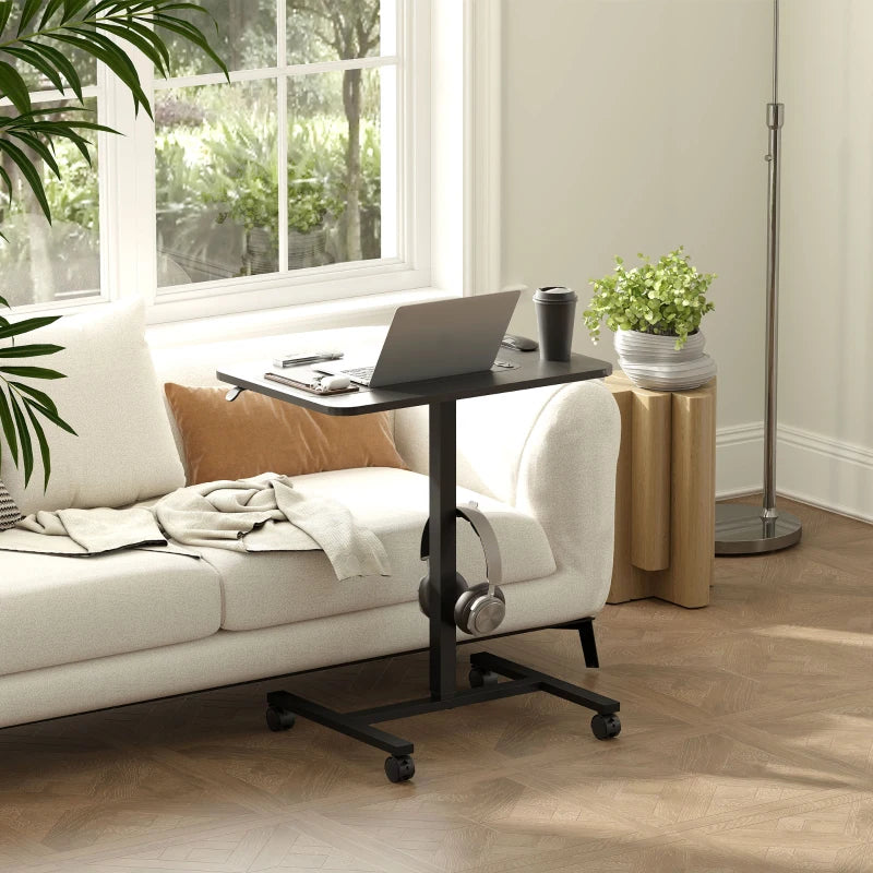 Height Adjustable Standing Desk, Pneumatic Sit Stand Desk with Wheels and Headphone Hook, Black Wood Grain