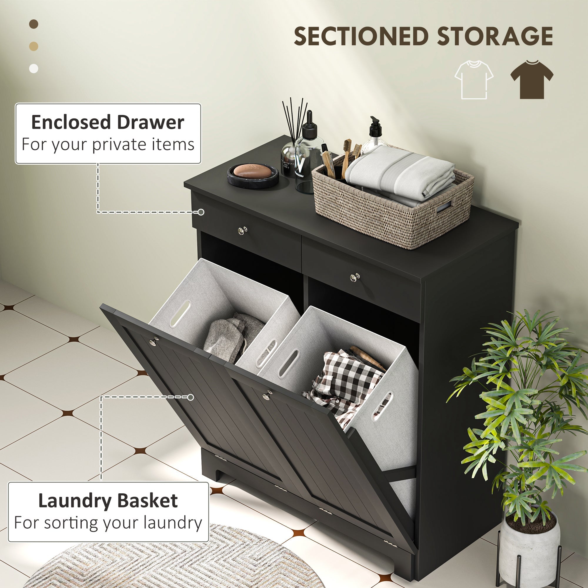 HOMCOM Laundry Cabinet, Tilt Out Laundry Hamper Cabinet with 2 Baskets, Bathroom Hamper Cabinet with 2 Drawers, Black 
