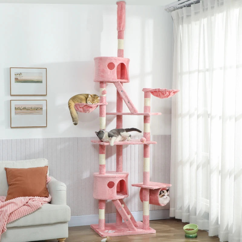 94"-102" Floor to Ceiling Cat Tree High Cat Condo Scratching Post Activity Center Multi-Level Play House Pink