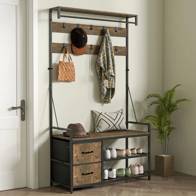 6-In-1 Hall Tree with Shoe Storage, Coat Rack Shoe Storage with 10 Hooks, 2 Fabric Drawers, Rustic Brown