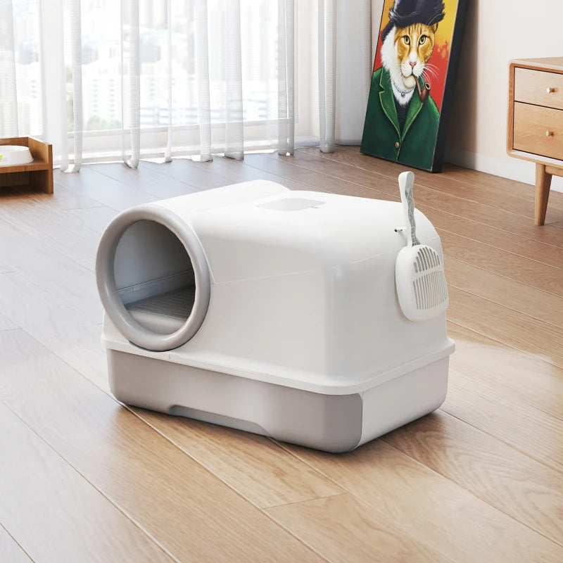 Cat Litter Box Easy Clean Drawer Odor Control Hooded Cat Litter Tray with Scoop White and Grey
