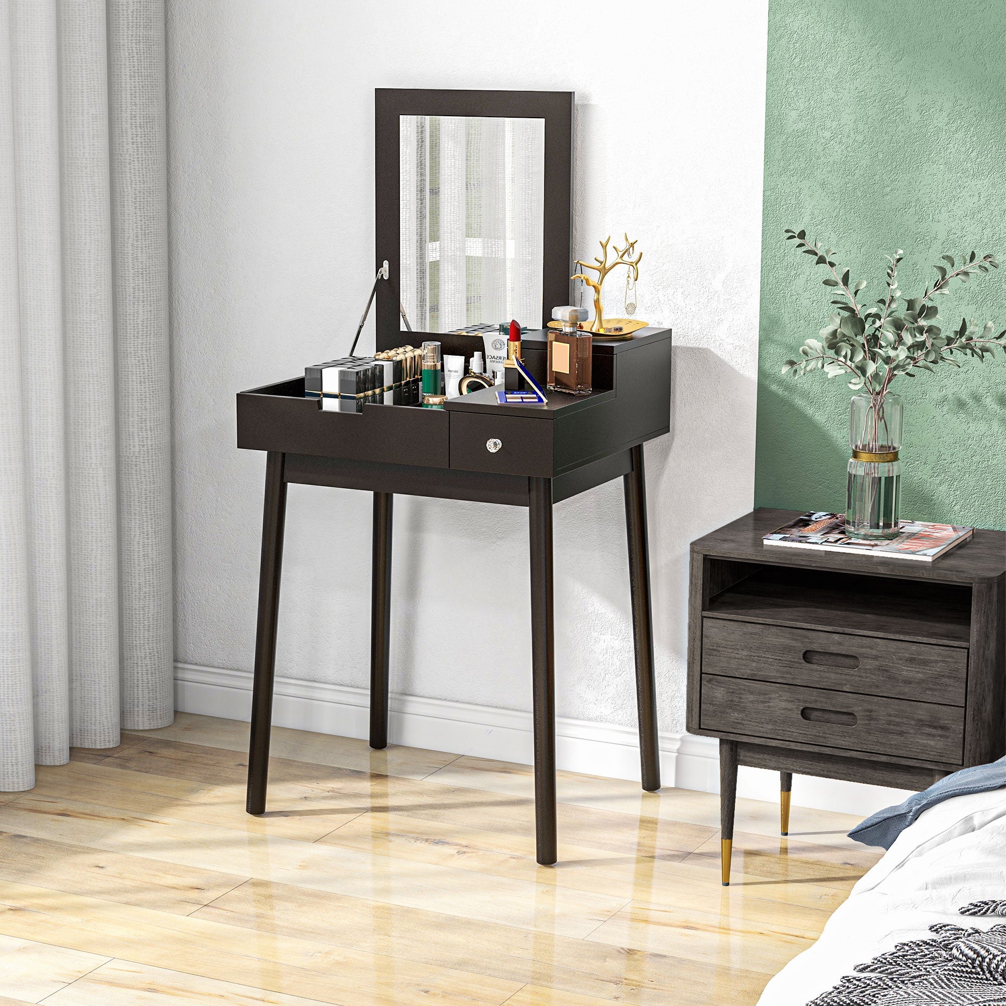 HOMCOM Makeup Vanity Table with Flip-up Mirror, Modern Dressing Table with 2 Drawers for Bedroom, Black 