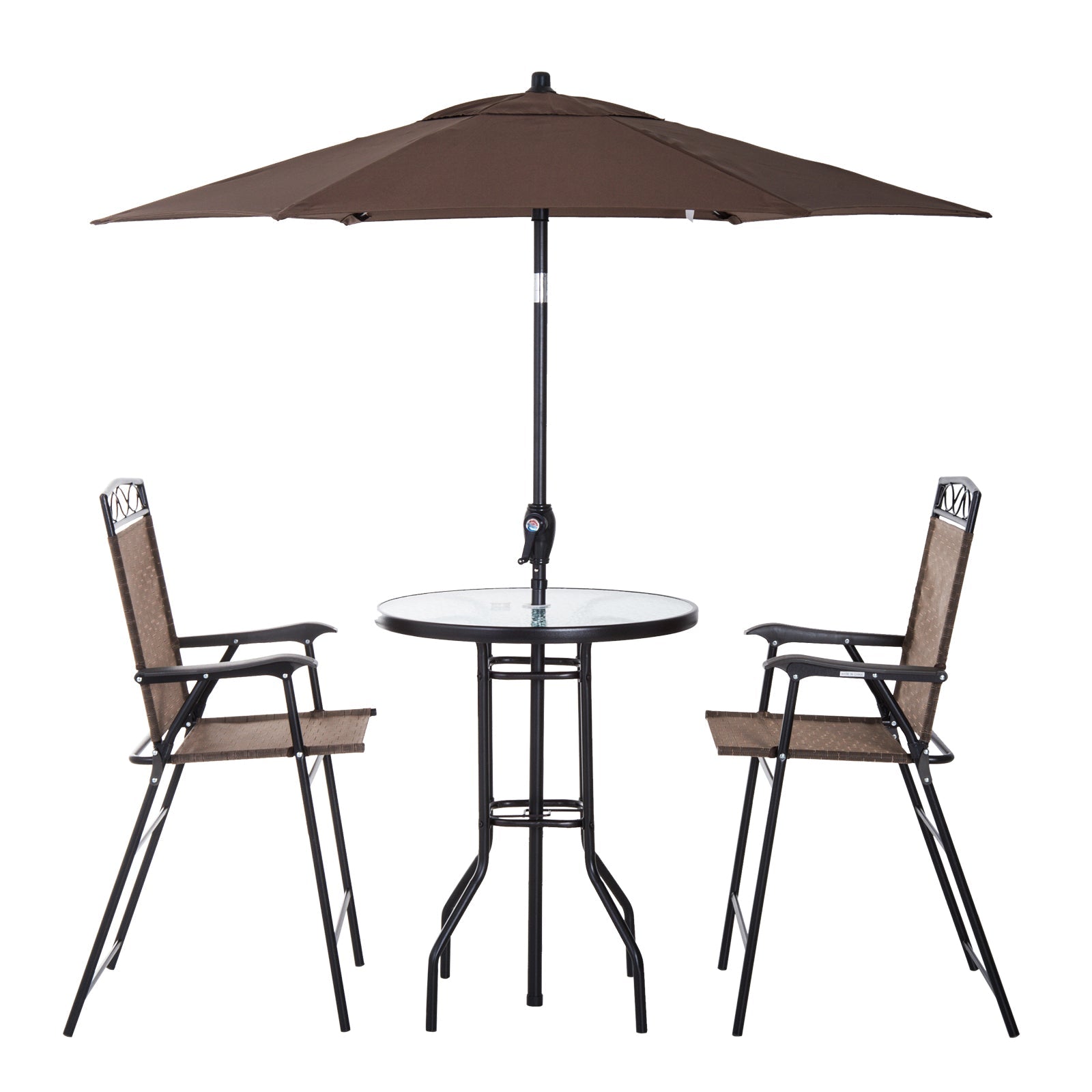 Outsunny 4 Piece Patio Bar Set Sling Folding Outdoor Furniture with Umbrella Brown for Poolside Backyard Garden 