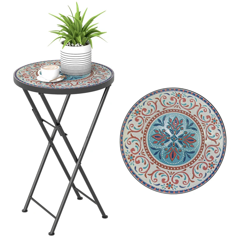 Mosaic Outdoor Patio Side Table, 14" Round Folding Outdoor Coffee Table with Steel Frame for Balcony Deck Patio Terrace, Mixed Colour