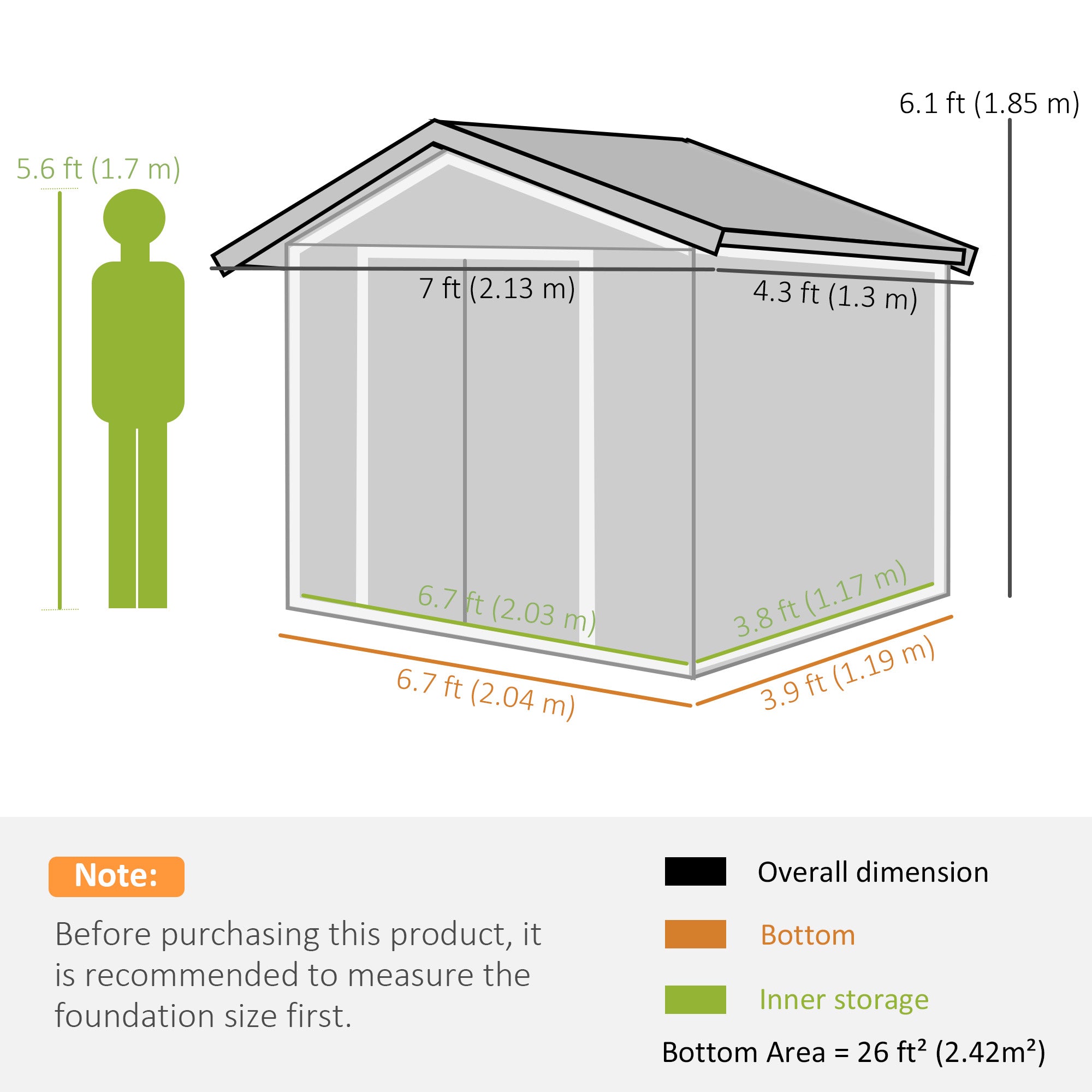 Outsunny Metal Garden Shed 7' x 4' x 6' Outdoor Storage with Foundation Double Doors Grey 