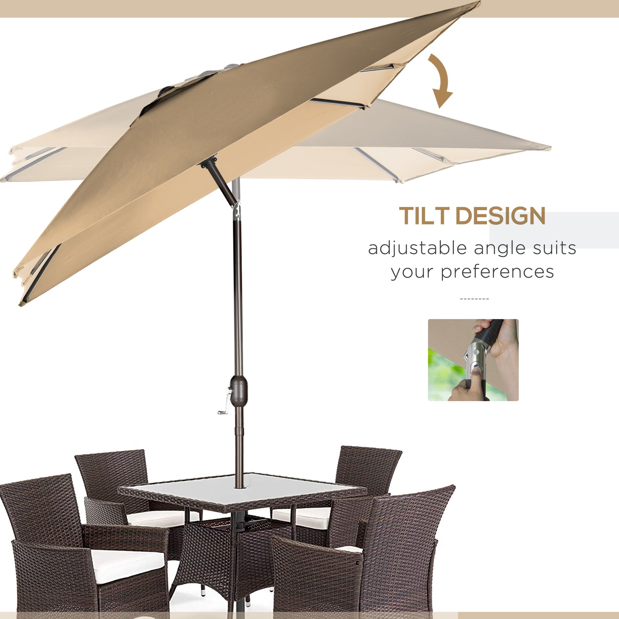 Outsunny Rectangle Patio Umbrella: 6.5x10ft Aluminum Tilt Outdoor Sunshade Canopy with Crank, Tan 