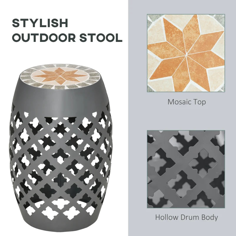 Ceramic Decorative Garden Stool, 12" Drum Outdoor Stool Side Table Plant Stand for Outdoor Indoor, Grey
