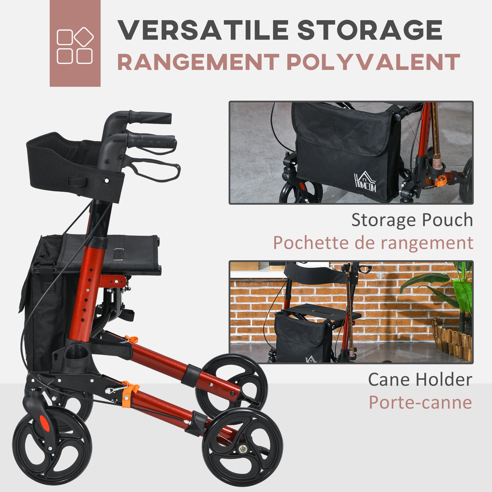 HOMCOM Rollator for Seniors with Seat, Back, Cane Holder, Aluminium Folding Rolling Walker with Adjustable Handle, Bag, Red 