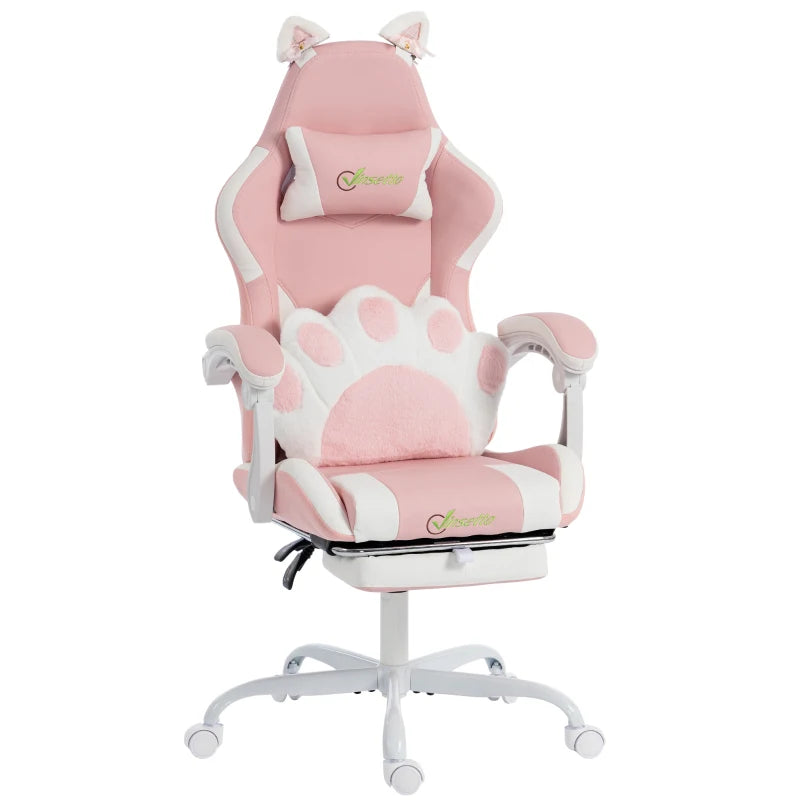 Cute Pink Gaming Chair with Cat Ears, Lumbar Support, Headrest & Footrest