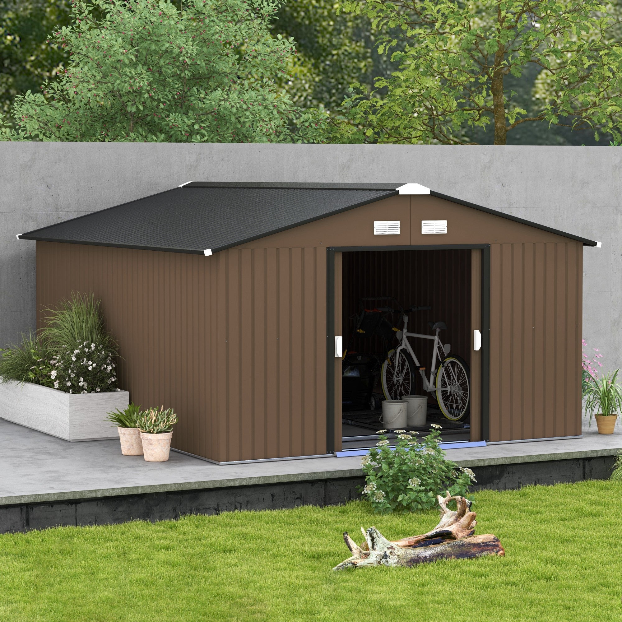 Outsunny 11' x 13' Garden Storage Shed w/ Foundation Kit Metal Tool Storage House w/ Double Doors, Brown 