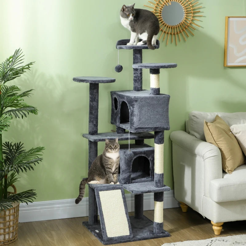 54" Cat Tree, Multi-Level Cat Tower with Scratching Posts, Cat Condos, Bed, Platforms, Ramp, Toy Ball, Dark Grey