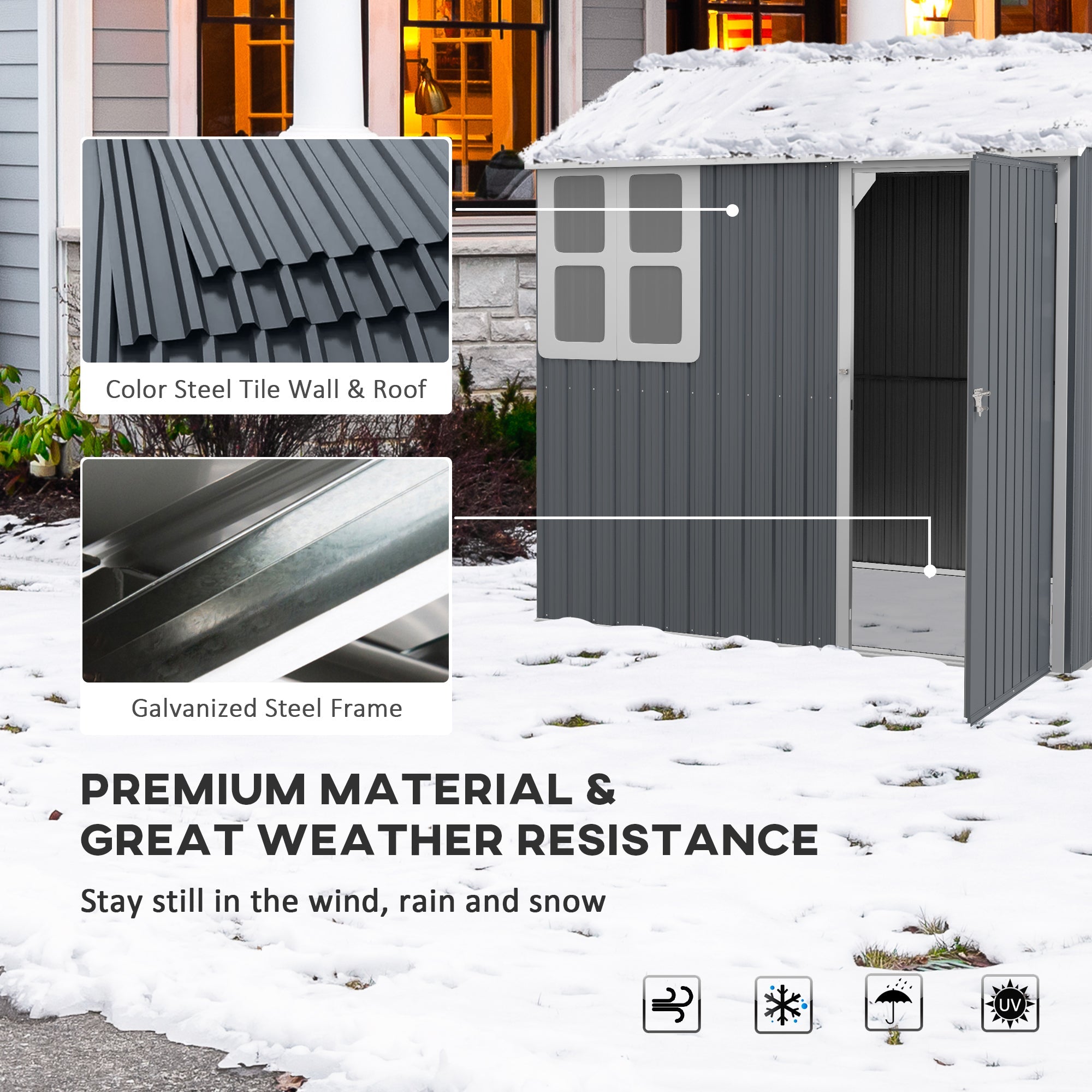 Outsunny Metal Garden Storage Shed 7' x 5.5' Outdoor Tool House Lockable Door Vents Sloped Roof Dark Grey 
