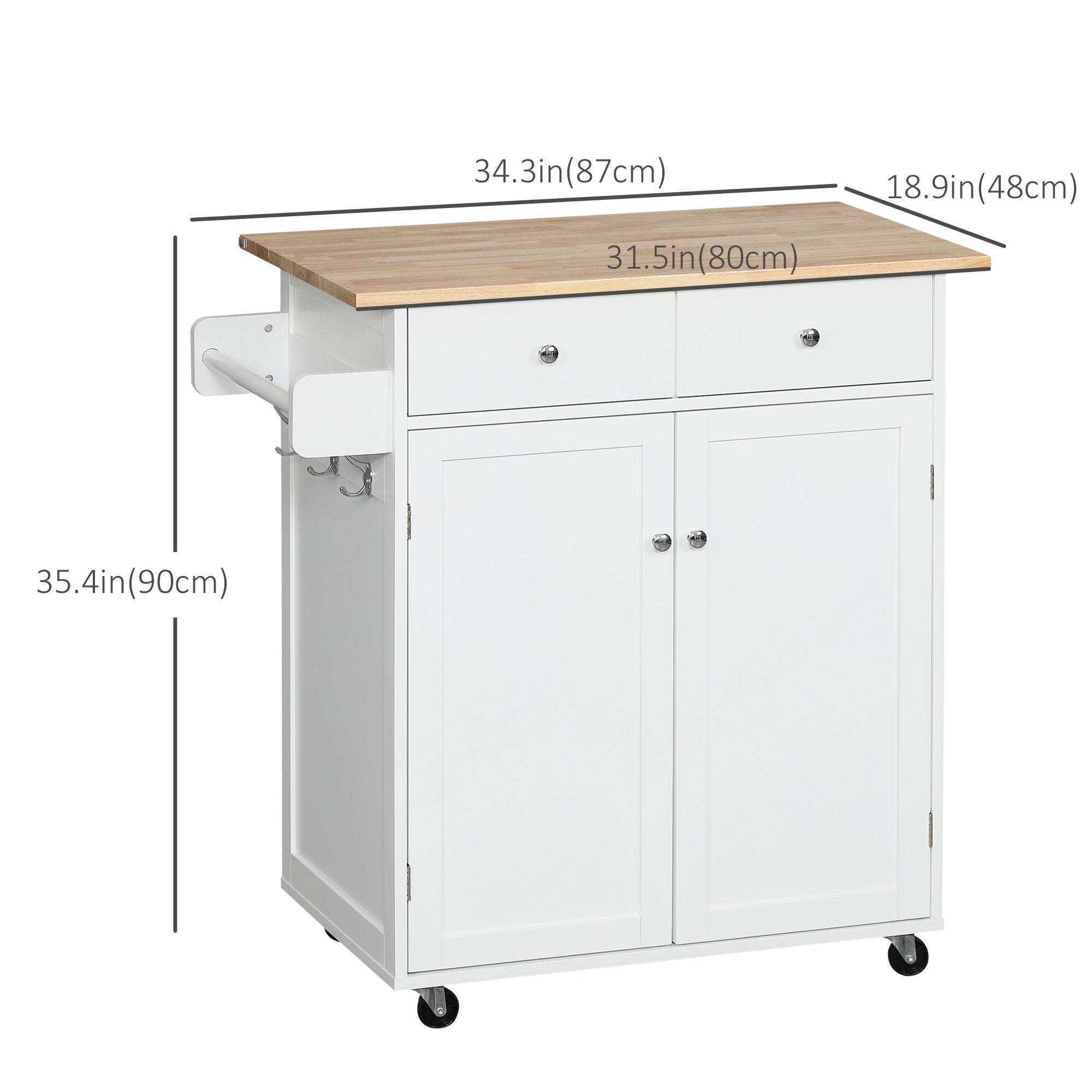 HOMCOM Mobile Culinary Companion: Rolling Kitchen Island Cart with Rubber Wood Top, Towel Rack, Storage Drawers, White Finish 