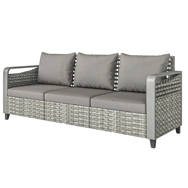 Rattan Wicker Sofa 3-Seater Outdoor Couch with Cushions for Patio Garden Grey