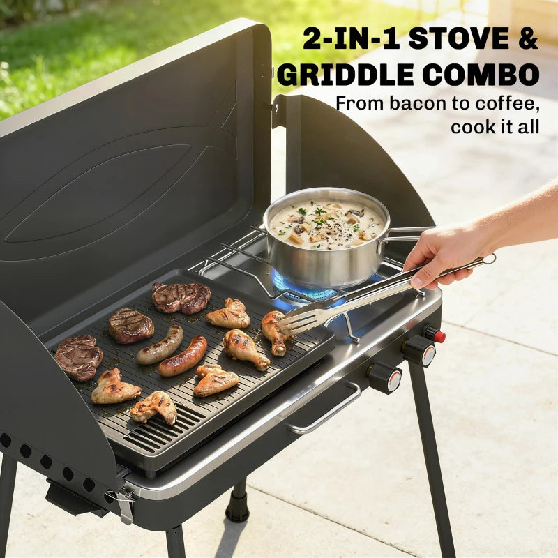 Outsunny 2-in-1 Camping Stove & Gas Griddle Combo, 20,000 BTU Portable Propane Grill with Detachable Legs, Wind Guards, Black