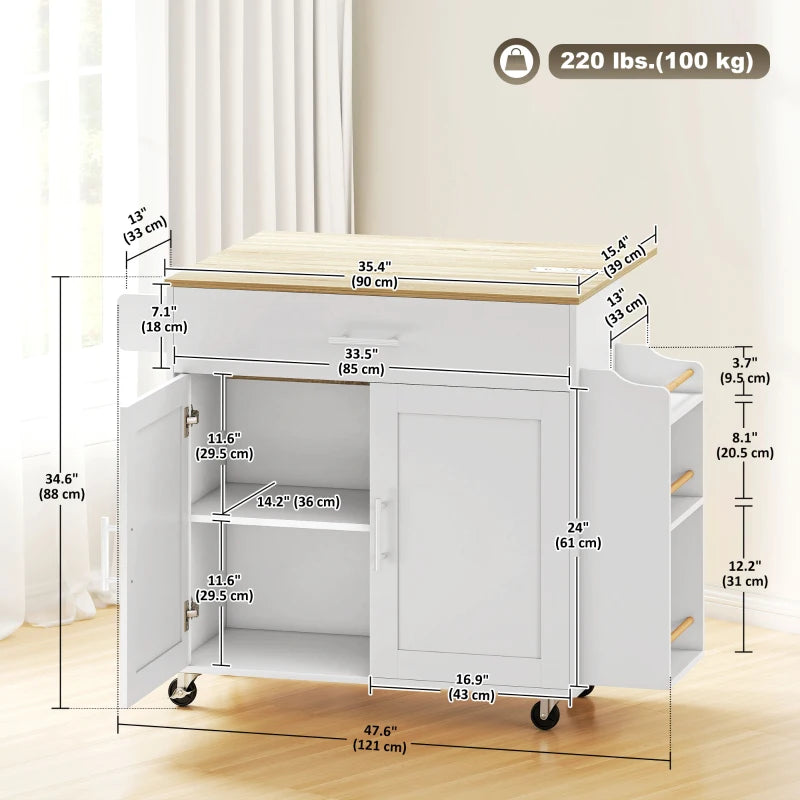 Kitchen Island with Storage, Rolling Kitchen Cart with Foldable Drop Leaf, Power Outlet and USB Ports, White
