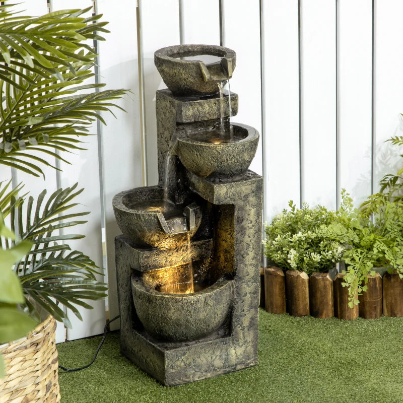 Outdoor Fountain Cascading Waterfall with 4-Tier Stone Look Bowls, Adjustable Flow & LED Lights for Patio Garden
