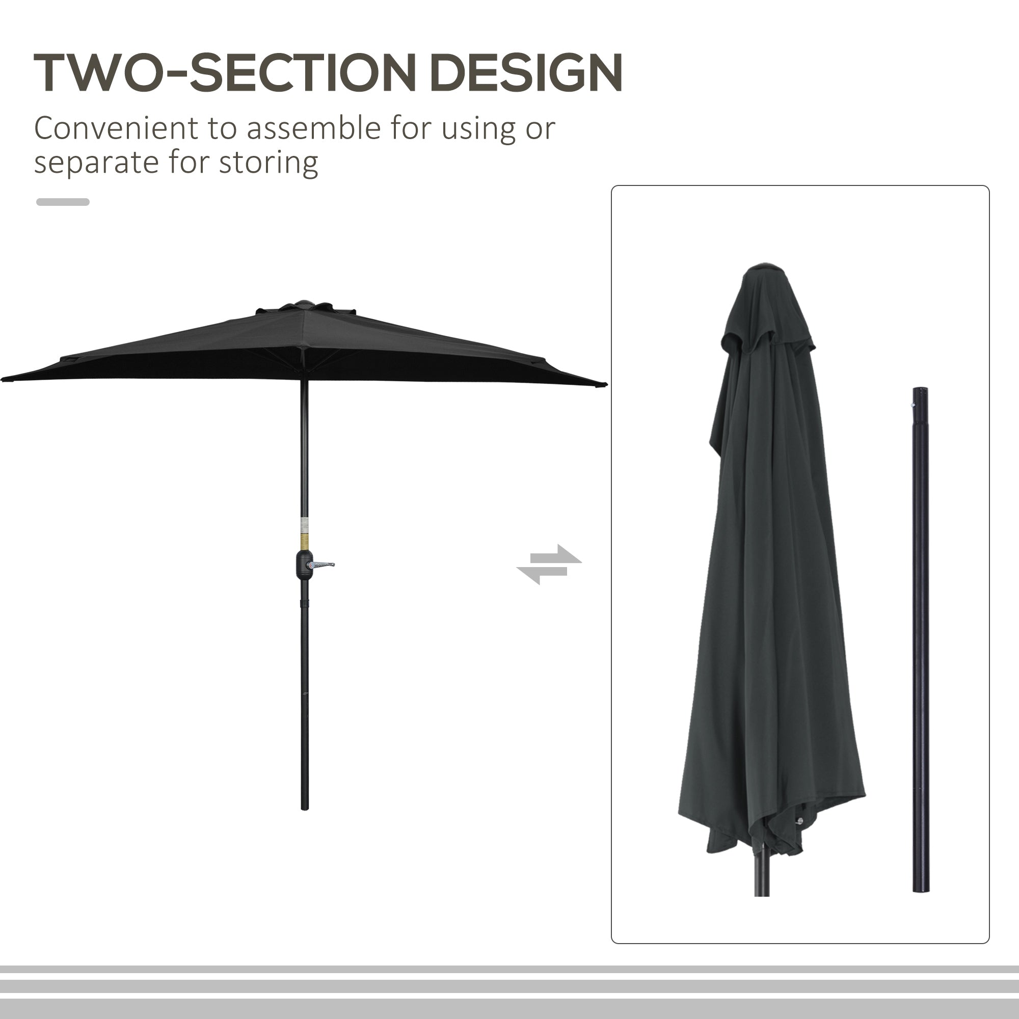 Outsunny Patio Umbrella: 9ft Half Round Balcony Garden Parasol Sun Shade Black 