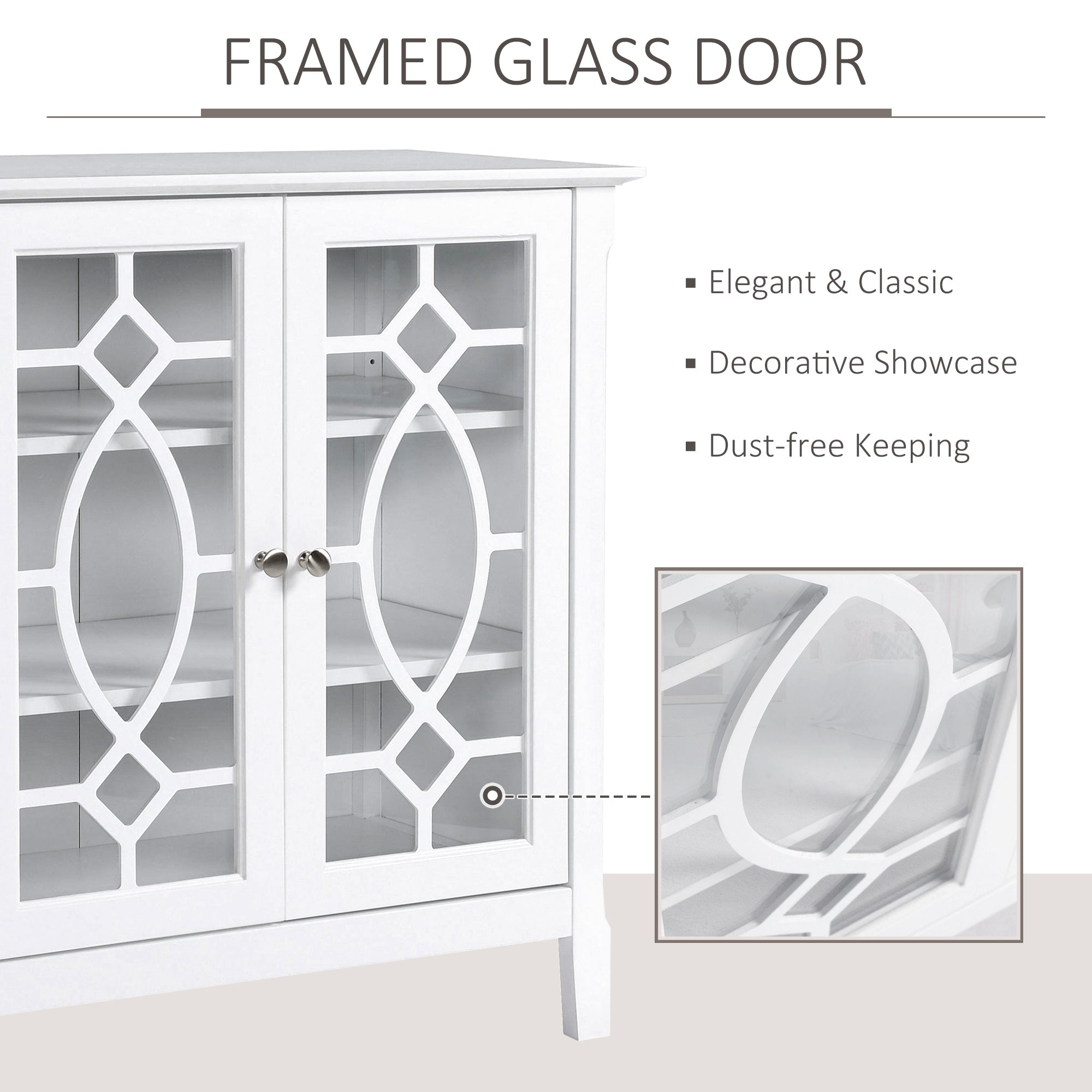 HOMCOM Display Cabinet Sideboard with Glass Doors Adjustable Shelves Elevated Base for Dining Room Living Room White 