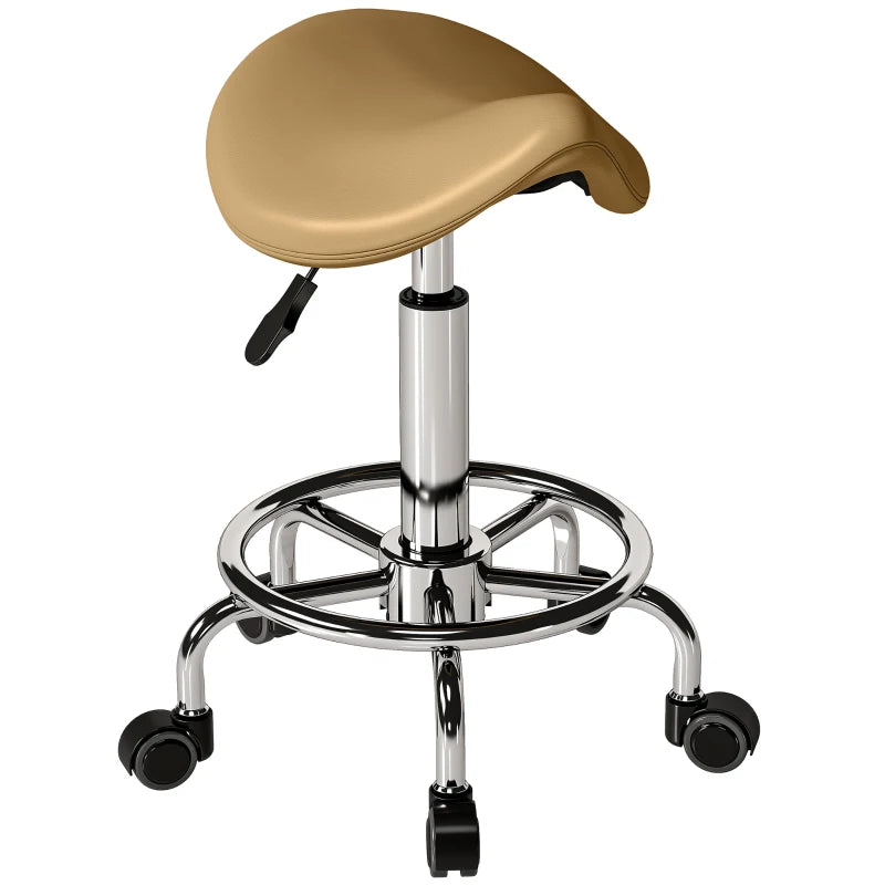 Saddle Stool, PU Leather Adjustable Rolling Salon Chair, Light Brown