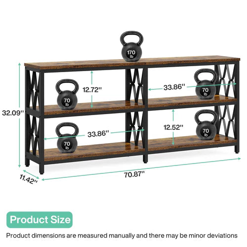 Console Table 70.9" 3-Tier Industrial Sofa Table with Storage Shelves Heavy Duty Metal Frame Rustic Brown for Living Room Entryway