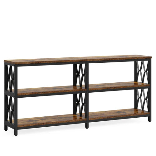 Console Table 70.9" 3-Tier Industrial Sofa Table with Storage Shelves Heavy Duty Metal Frame Rustic Brown for Living Room Entryway