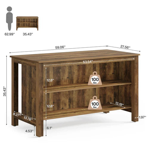 Bar Table 59" Counter Height Pub Table with 3-Tier Storage Shelves for Home Bar Kitchen Dining Room Rustic Brown
