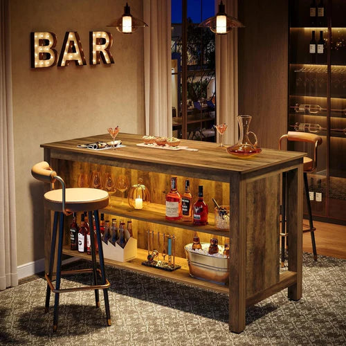 Bar Table 59" Counter Height Pub Table with 3-Tier Storage Shelves for Home Bar Kitchen Dining Room Rustic Brown