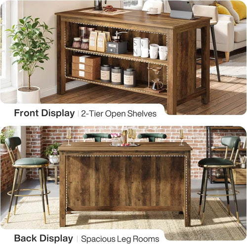 Bar Table 59" Counter Height Pub Table with 3-Tier Storage Shelves for Home Bar Kitchen Dining Room Rustic Brown