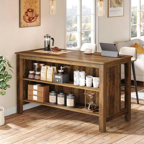 Bar Table 59" Counter Height Pub Table with 3-Tier Storage Shelves for Home Bar Kitchen Dining Room Rustic Brown