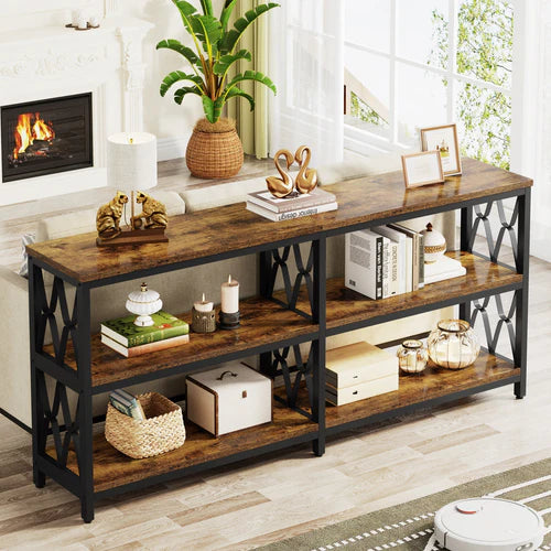 Console Table 70.9" 3-Tier Industrial Sofa Table with Storage Shelves Heavy Duty Metal Frame Rustic Brown for Living Room Entryway