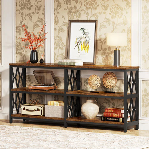 Console Table 70.9" 3-Tier Industrial Sofa Table with Storage Shelves Heavy Duty Metal Frame Rustic Brown for Living Room Entryway