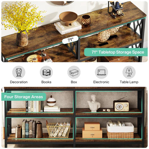 Console Table 70.9" 3-Tier Industrial Sofa Table with Storage Shelves Heavy Duty Metal Frame Rustic Brown for Living Room Entryway