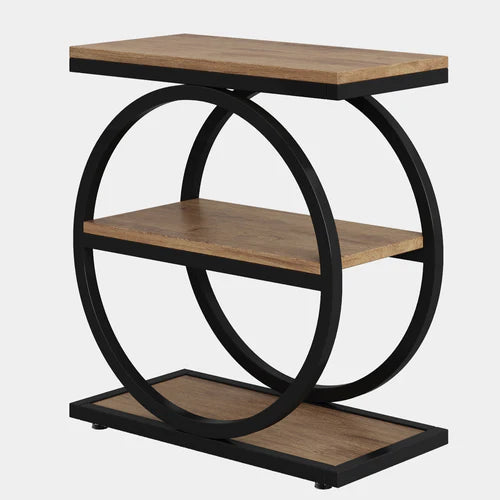 End Table 3-Tier Industrial Sofa Side Table with Round Metal Frame Storage Shelves for Living Room Bedroom Rustic Finish
