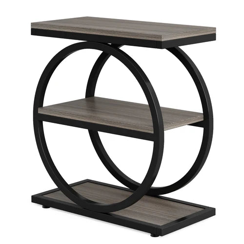 End Table 3-Tier Industrial Sofa Side Table with Round Metal Frame and Storage Shelves for Living Room Bedroom