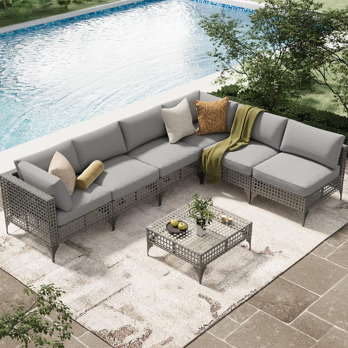 AECOJOY 7-Piece Boho Patio Sectional Set (Grey & Light Grey)