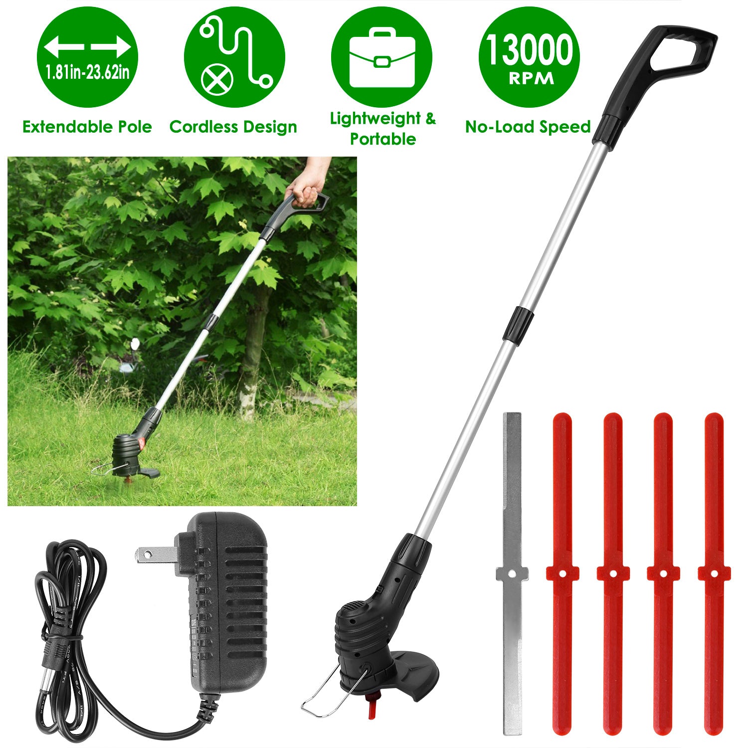 Electric Cordless Grass Trimmer Rechargeable Grass String Trimmer Garden Weed Cutter Lawn Mower 2A Battery with 5 Blades