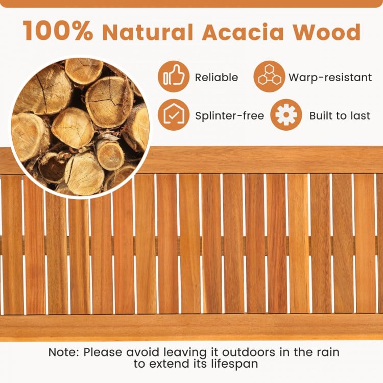 Acacia wood outdoor bench with slatted seat for garden