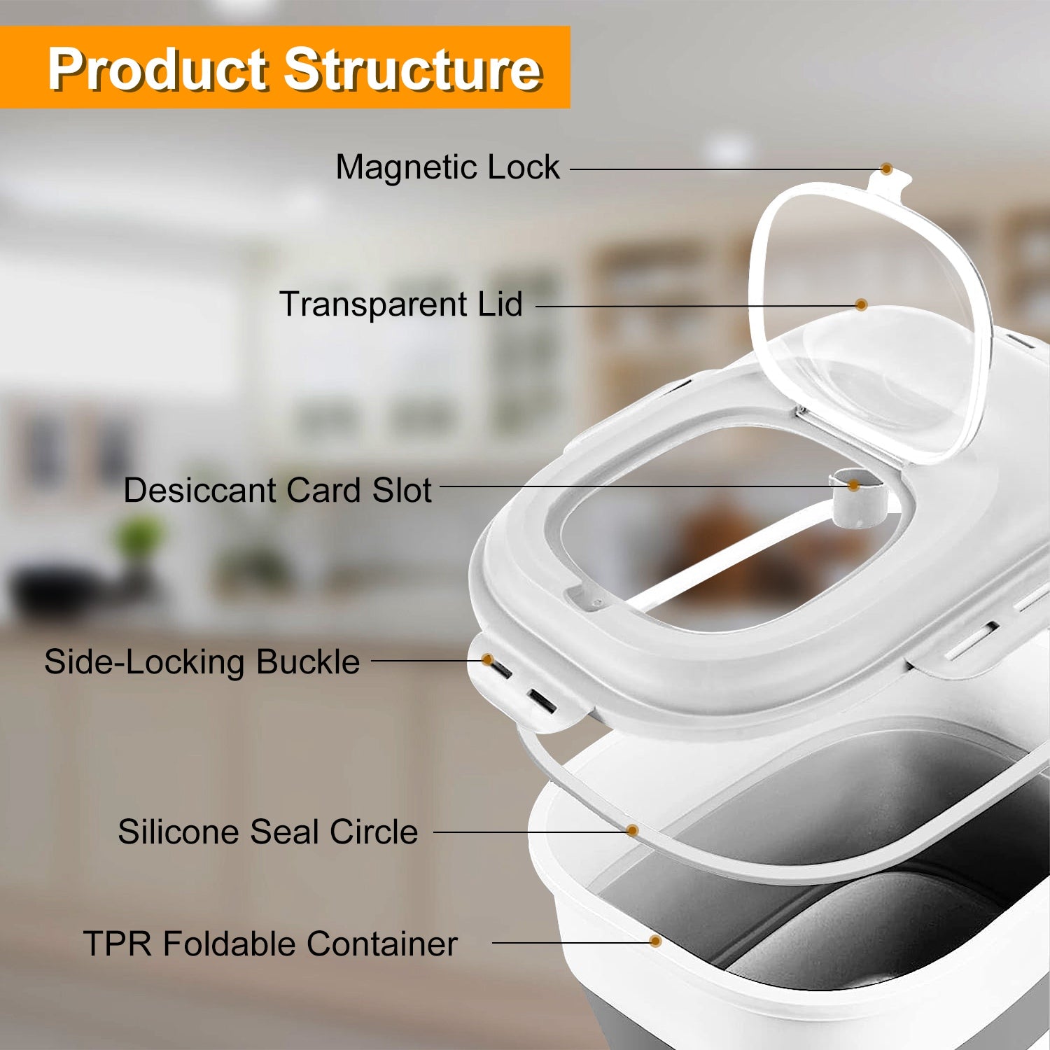 16.5 to 55LBS Collapsible Food Storage Container With Rolling Wheels Airtight Clear Lid Desiccant Slot Rice Dog Cat Food Foldable Dispenser With Scoop