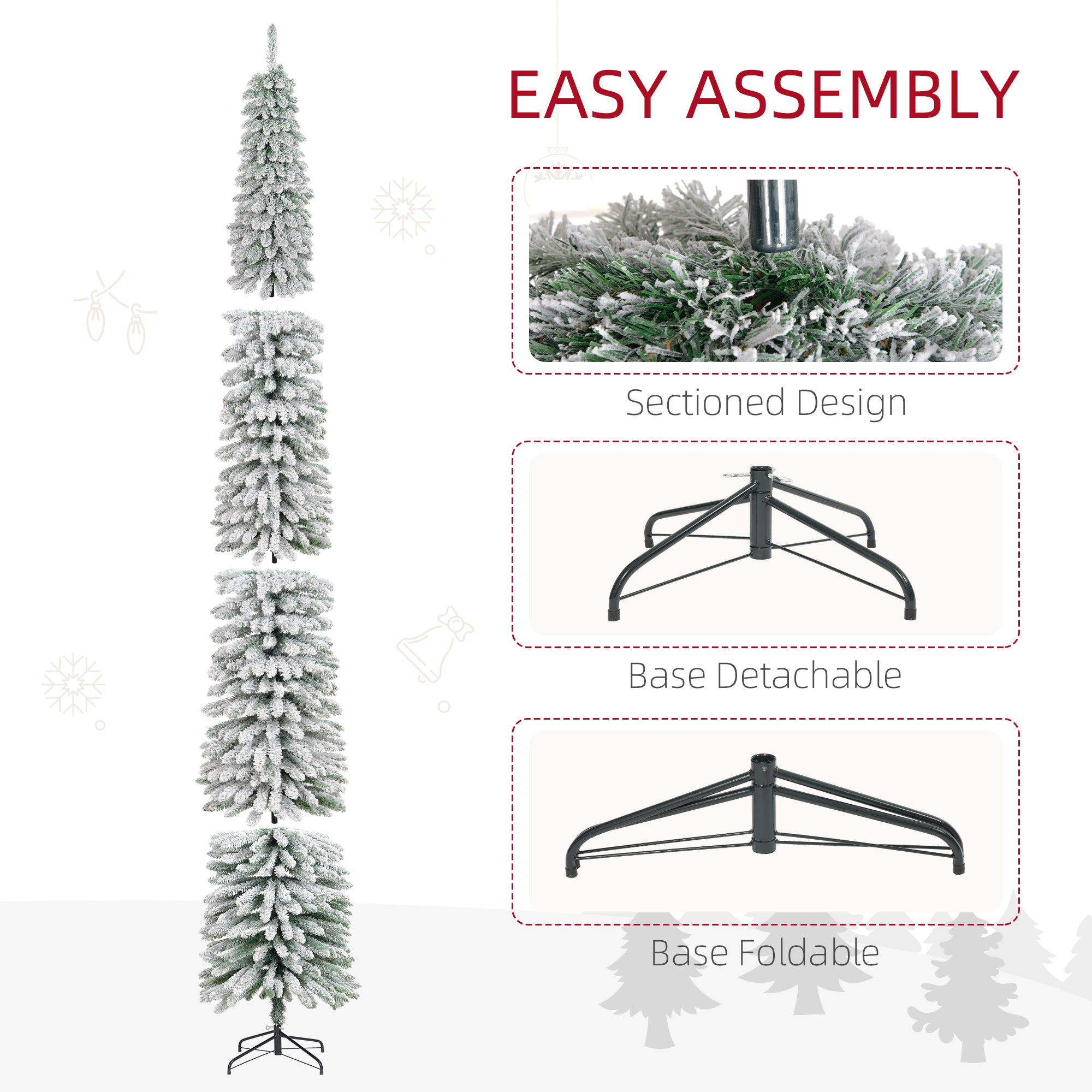 HOMCOM 9ft Snow-Flocked Artificial Christmas Tree, Slim Pencil Xmas Tree with 714 Realistic Branches, Metal Base, Green 
