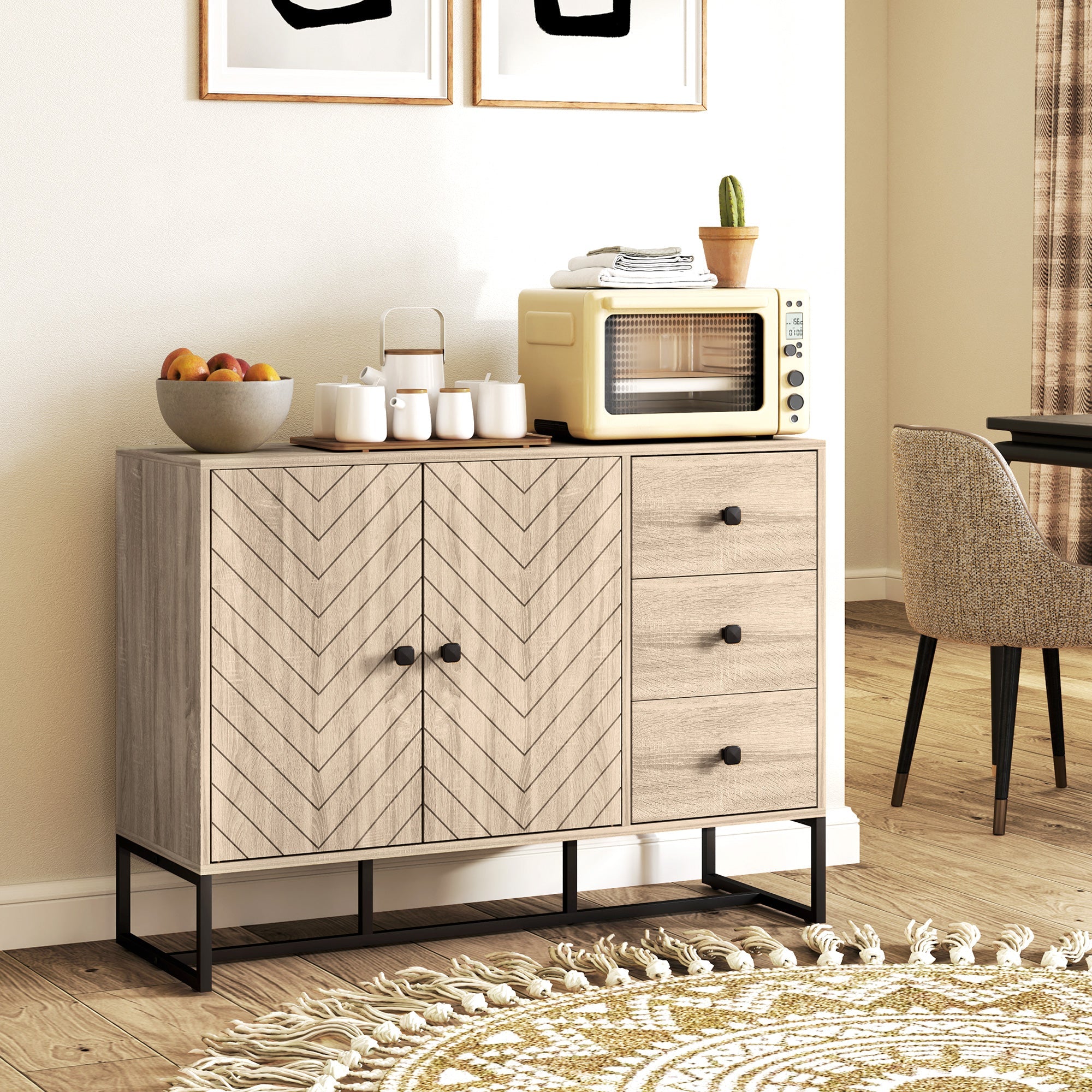 HOMCOM Modern Sideboard, 42.5" Buffet Cabinet with Adjustable Shelves and 3 Drawers, Coffee Bar Cabinet with 2 Doors, Oak 