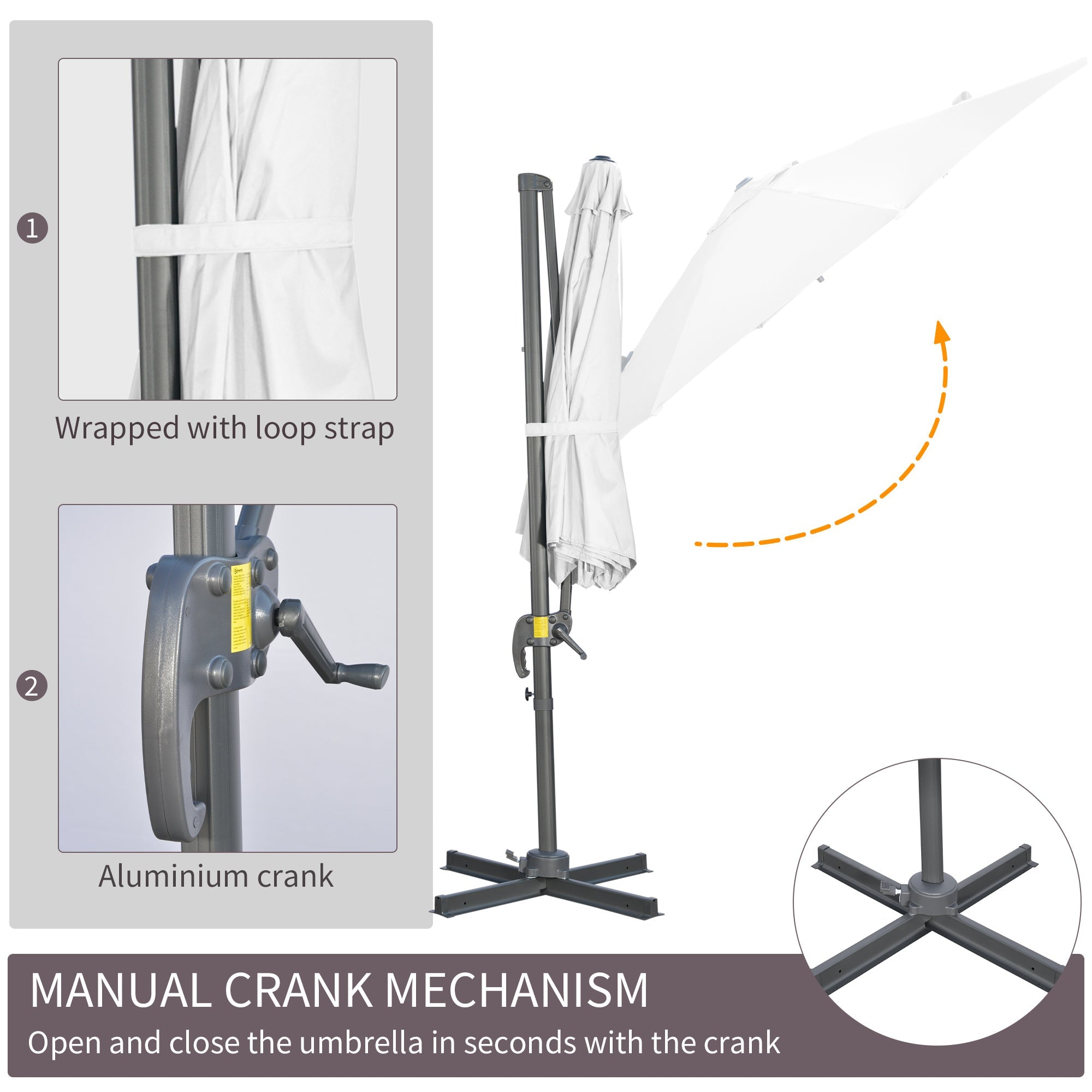 Outsunny Offset Patio Umbrella: 10ft Cantilever Sun Shade Cross Base 361° Rotation White Poles 