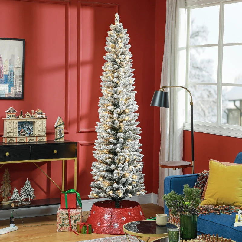 HOMCOM 5FT Prelit Pencil Christmas Tree with Warm White LED Lights, Slim Artificial Snow Flocked Xmas Tree with Metal Base 